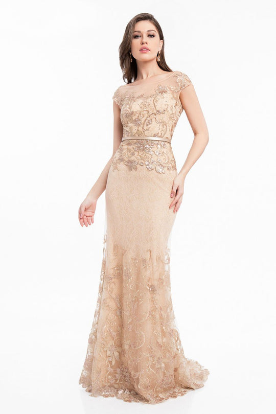Terani Couture - 1823M7704 Sequined Metallic Lace Trumpet Dress in Gold and Neutral