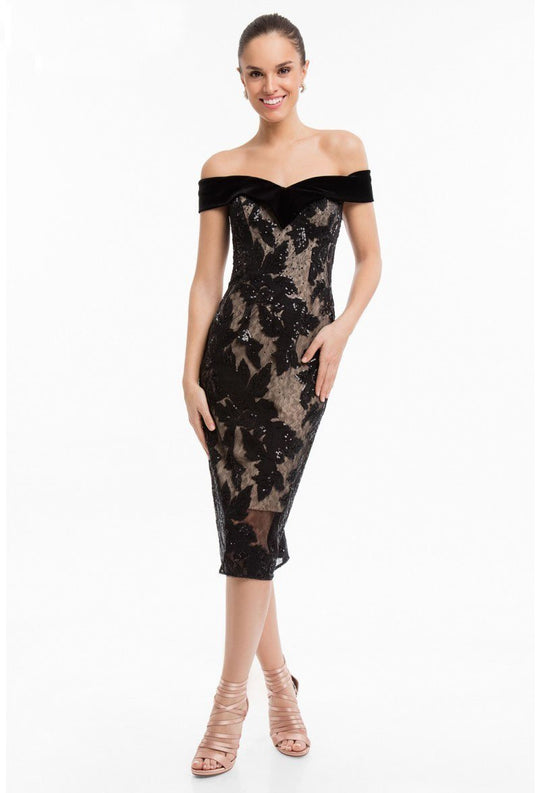 Terani Couture - 1823C7074 Lace Off-Shoulder Sheath Dress in Black and Neutral