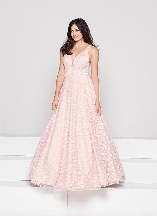 Colors Dress - 1825 Sleeveless Plunging Polka Dot Gown In Pink and Neutral