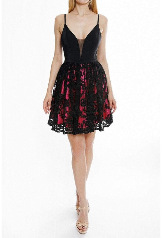 Terani Couture - 1825H7932 Plunging Beaded Lace Overlaid A-Line Dress In Black and Pink