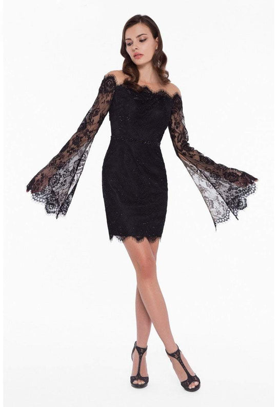 Terani Couture - 1825H7935 Embellished Lace Sheath Cocktail Dress in Black and Neutral