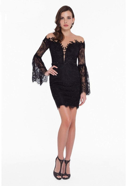 Terani Couture - 1825H7936 Embellished Lace Long Bell Sleeve Dress in Black and Neutral