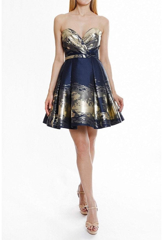Terani Couture - 1825H7937 Strapless Gilded Surplice A-Line Dress In Blue and Gold