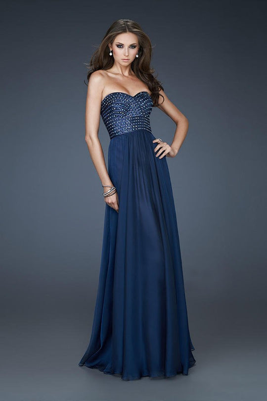 La Femme - Strapless Sweetheart Tonal Beaded Chiffon Gown 18262 In Blue