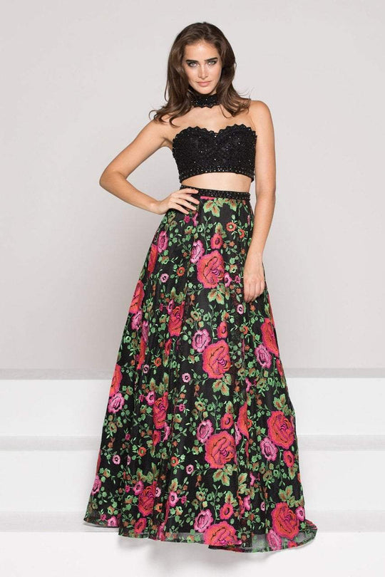 Colors Dress - 1827 Two Piece Lace and Floral Evening Dress In Black and Pink