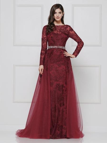 Colors Dress - 1830SL Lace Sheath Long Sleeve Gown with Overskirt In Red