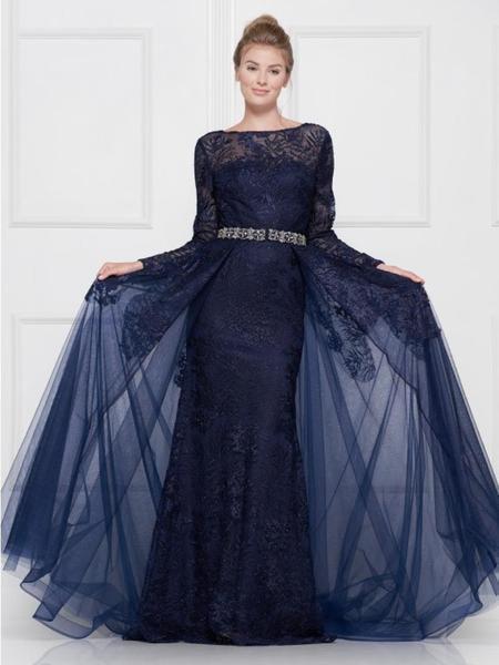 Colors Dress - Lace Sheath Long Sleeve Gown with Overskirt 1830SL In Blue