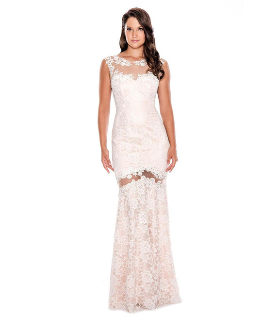 Decode 1.8 - Lace Embellished Illusion Bateau Neck Dress 183368 in Ivory Peach