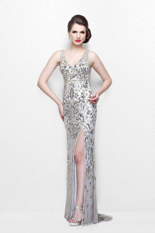 Primavera Couture - Glittering Sleeveless V-Neck Long Dress with Slit 1833 in Gray