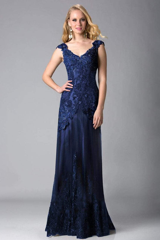 Feriani Couture - 18401 Embellished V Neck Lace Evening Gown In Blue
