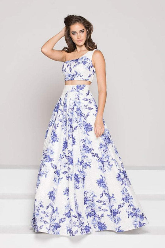 Two Piece Asymmetric Floral Evening Dress 1836 in Royal & White