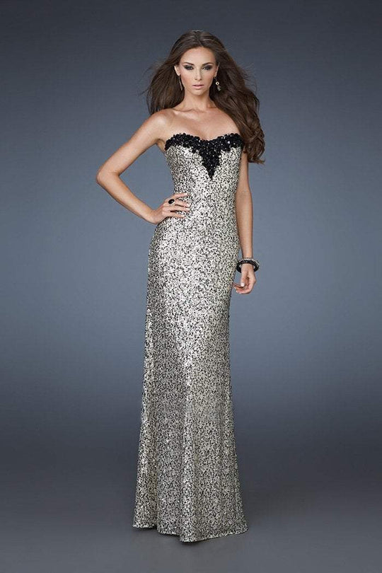 La Femme - 18374 Strapless Sequined Petal Sheath Gown in Gold and Black