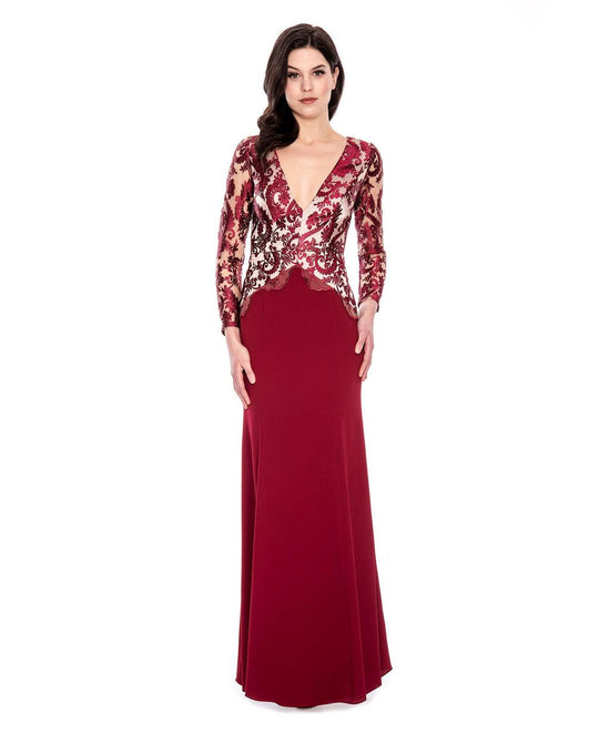 Decode 1.8 - Embroided V Neck Long Sleeves Long Dress 183794 in Red and Nude