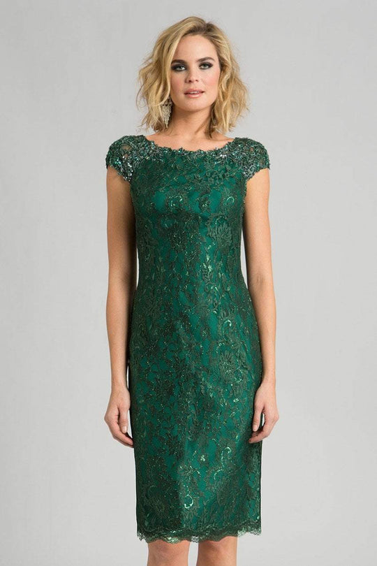 Feriani Couture - 18389S Capsleeve Beaded Lace Sheath Dress in Green