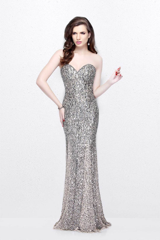 Primavera Couture - Statuesque Sequined Strapless Sweetheart Sheath Gown 1838 in Neutral