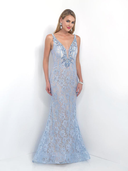 Intrigue - V-Neck Lace Embellished Evening Dress 183 in Blue and Neutral