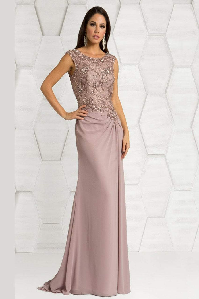 Feriani Couture - 18402 Embellished Cap Sleeve Column Gown InNeutral