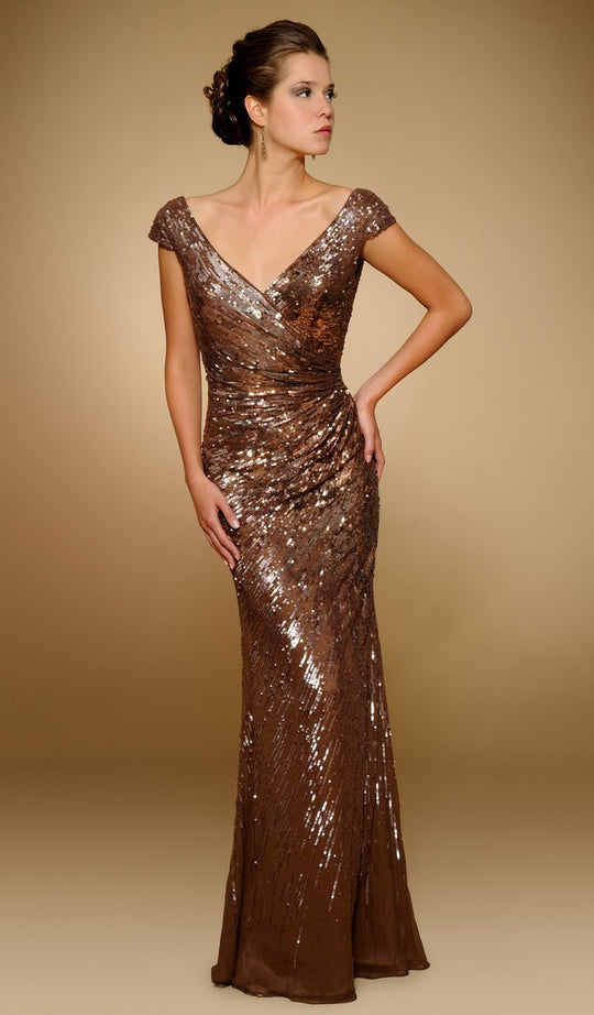 Rina Di Montella - RD1841 Sequined Wide V-neck Chiffon Sheath Gown in Brown