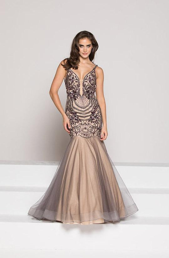 Colors Dress - 1841 Plunging Embroidered Trumpet Gown In Gray and Neutral
