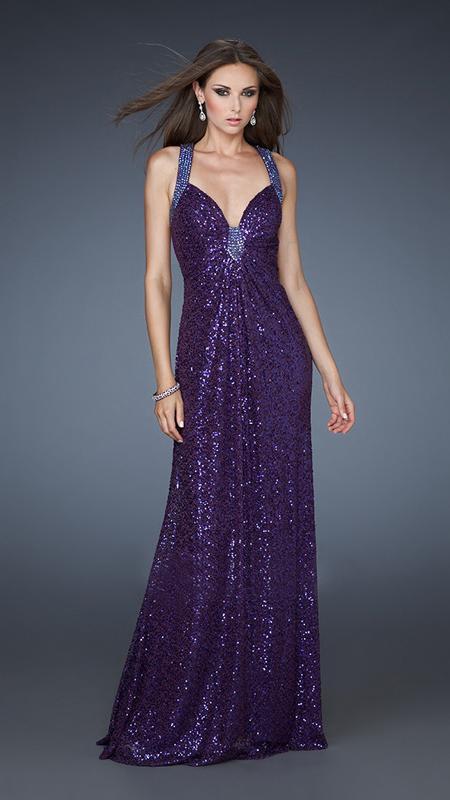 La Femme - 18421 Sequin Ornate Gathered Bodice Long Sheath Gown in Purple