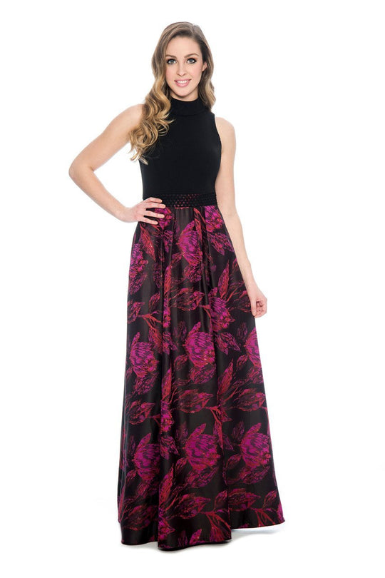 Decode 1.8 - 184224 High Neck Floral Jacquard A-Line Dress in Black and Red