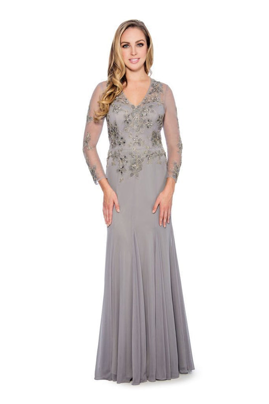 Decode 1.8 - Floral Embroidered V-Neck Trumpet Gown 184244 In Silver