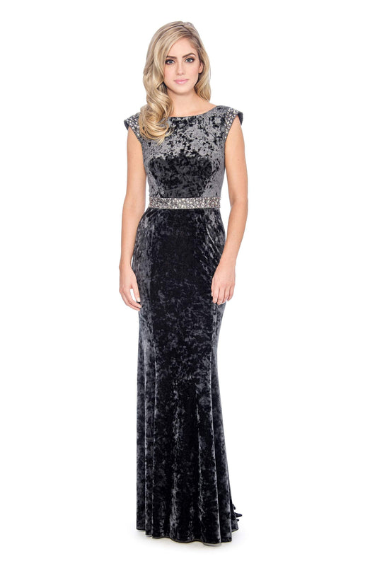 Decode 1.8 - 184290 Embellished Bateau Velvet Trumpet Dress In Gray