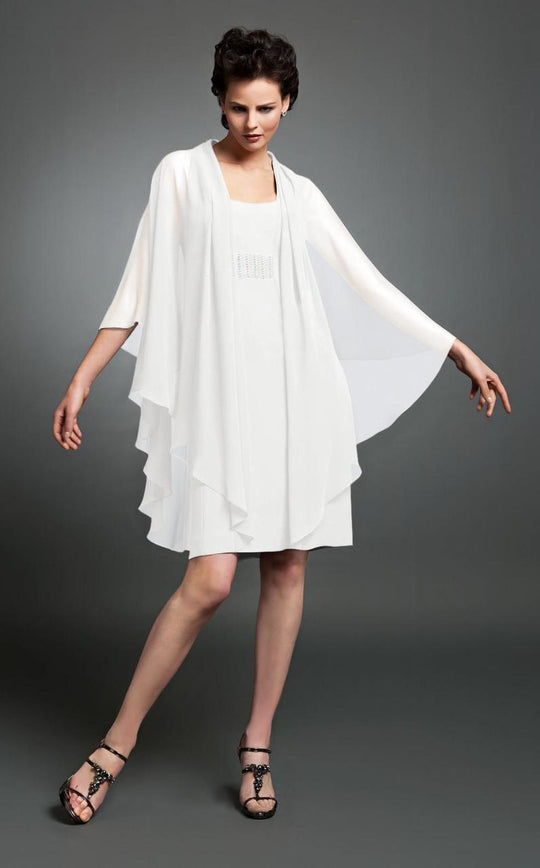 Daymor Couture - Bejeweled Sheath Dress with Shawl 101 in White