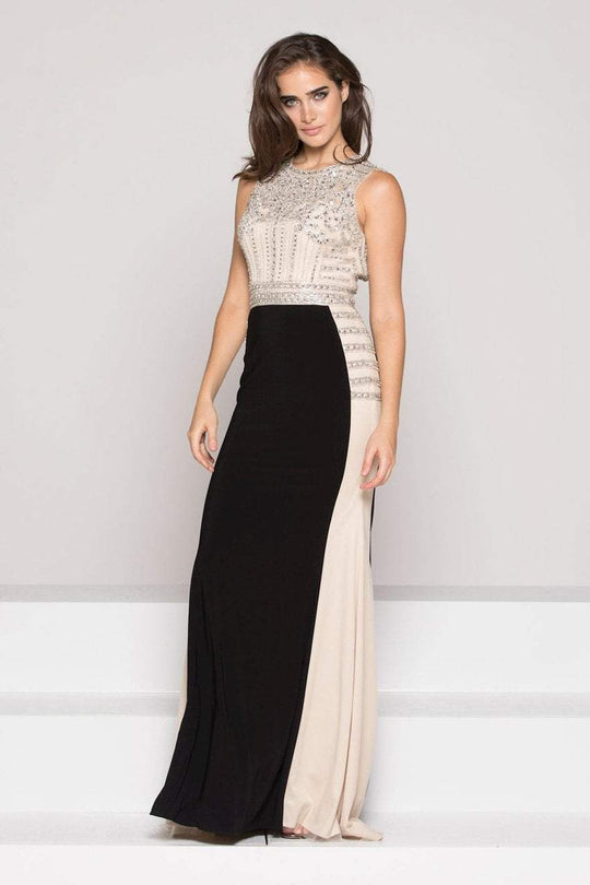 Colors Dress - 1845 Two Tone Sleeveless Embellished Evening Dress In Black and Neutral