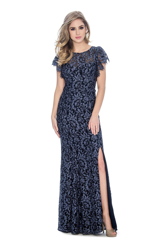 Decode 1.8 - 184676 Floral Lace Cap Sleeve Bateau Trumpet Dress In Blue and Black