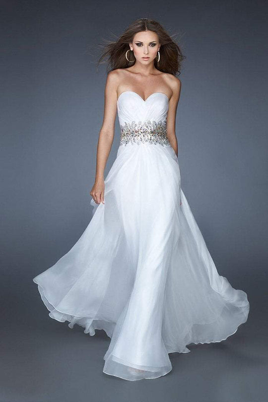 La Femme - 18482 Embellished Gathered A-line Dress In White