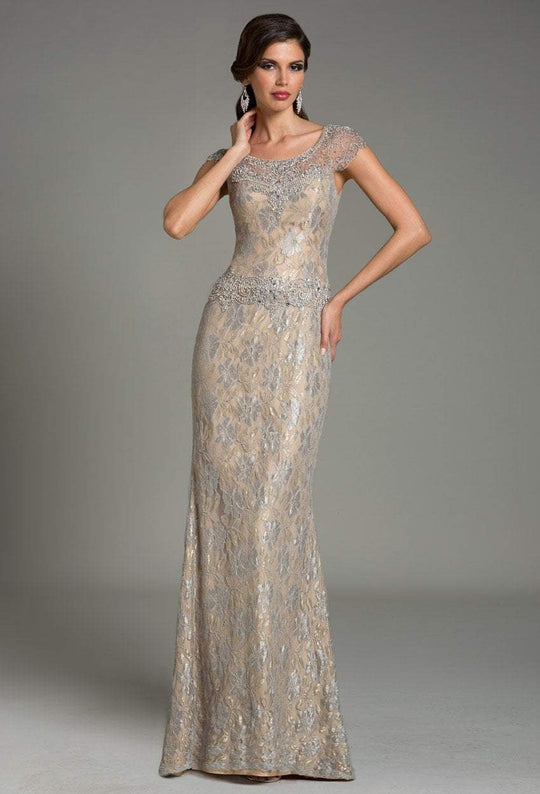 Feriani Couture - 18484 Crystal Embellished Floral Long Dress In Silver and Neutral