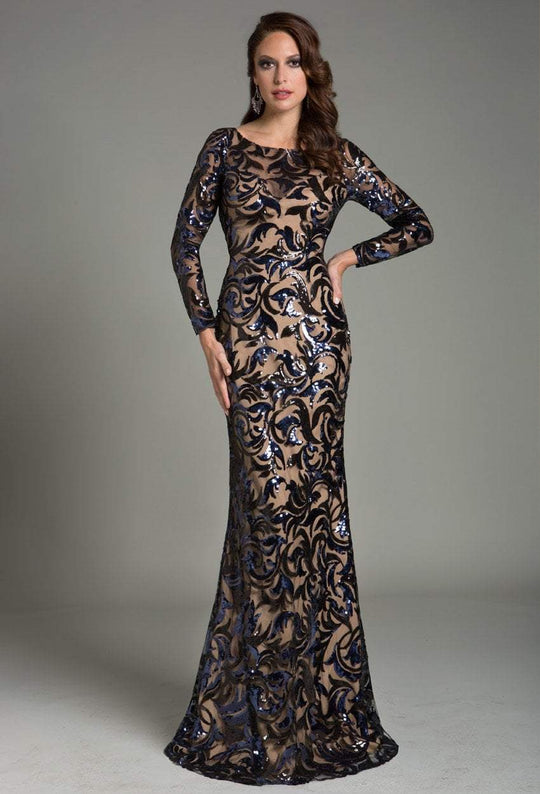Feriani Couture - 18489 Sheer Long Sleeves Fitted Long Dress In Blue and Neutral
