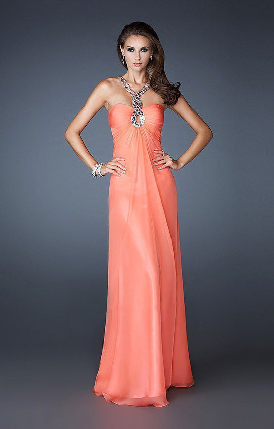 La Femme - 18499 Gorgeously Ornate Halter Empire Evening Gown In Orange