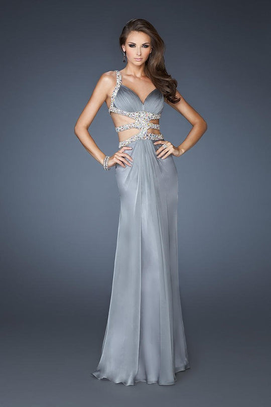 La Femme - 18502 Bedazzled V-neck Sheath Dress In Gray