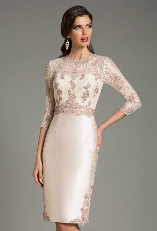 Feriani Couture - 18503 Quarter Sleeve Illusion Lace Appliqued Dress in Neutral