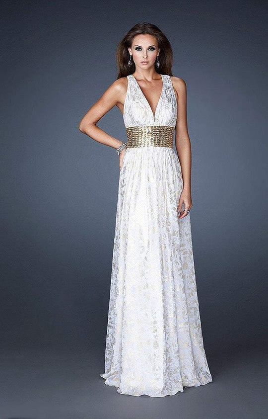 La Femme - 18504 V-Neck Metallic Empire Waist Gown In White and Gold