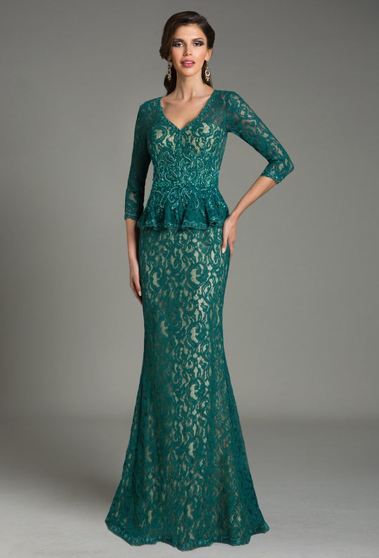 Feriani Couture - 18512 Peplum Lace Evening Gown In Green