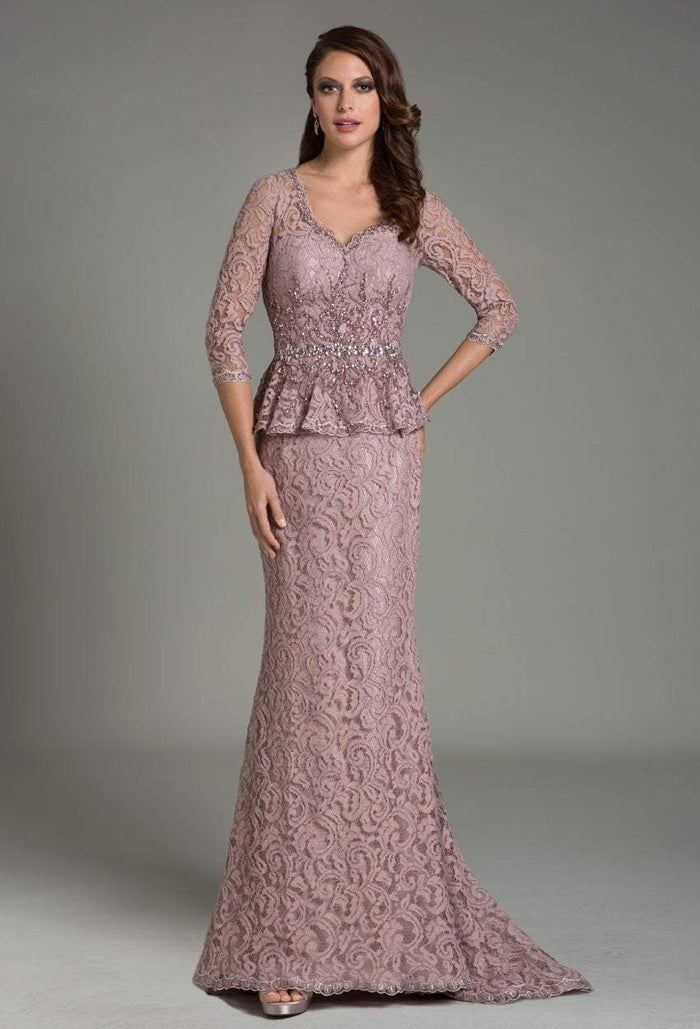 Feriani Couture - 18512 Peplum Lace Evening Gown In Purple and Brown