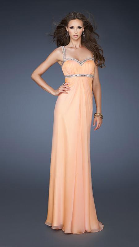 La Femme - Ruched Sweetheart Sheath Empire Gown with Adorned Bands 18519  In Orange