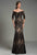 Feriani Couture Sequined Foliage Off Shoulder Sheath Gown in Black and Neutral