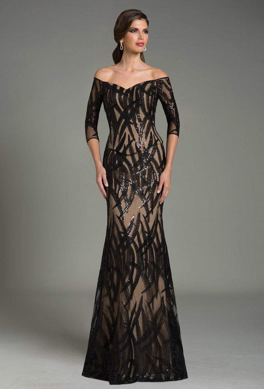 Feriani Couture Sequined Foliage Off Shoulder Sheath Gown in Black and Neutral