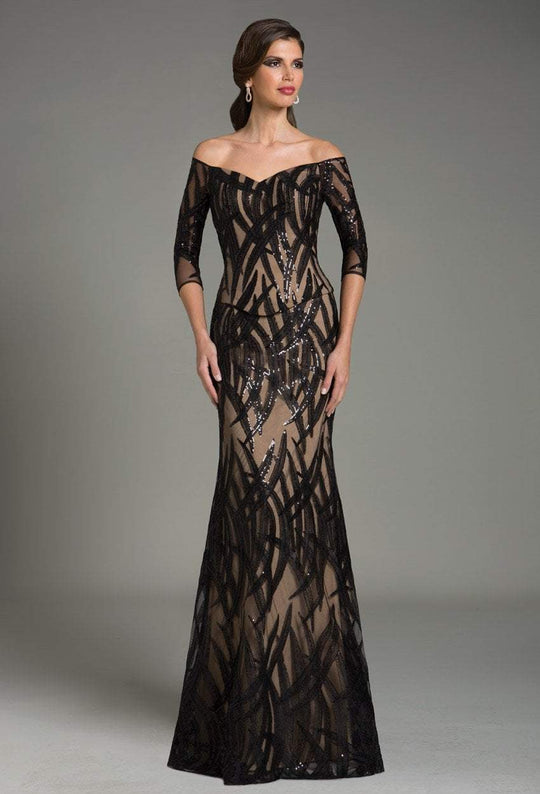 Feriani Couture - 18528 Printed Off Shoulder Long Gown In Black and Neutral