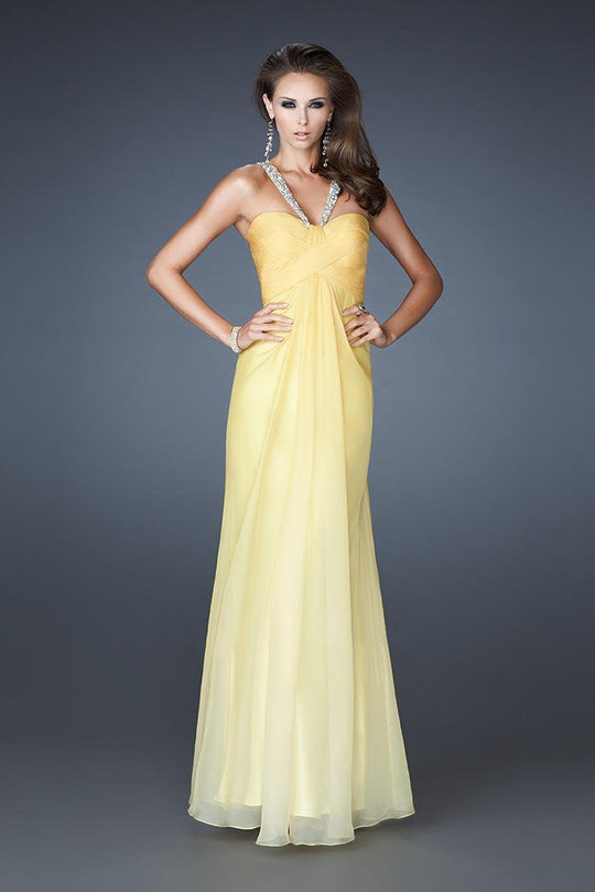La Femme - 18529 Beaded Halter A-line Dress In Yellow