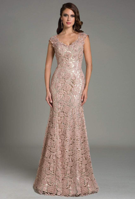 Feriani Couture - 18532 Floral Lace Cap Sleeves Long Dress In Pink
