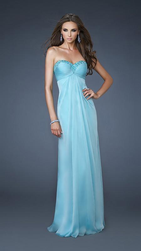 La Femme - Embellished Ruched Sweetheart Chiffon A-line Gown 18538 In Blue