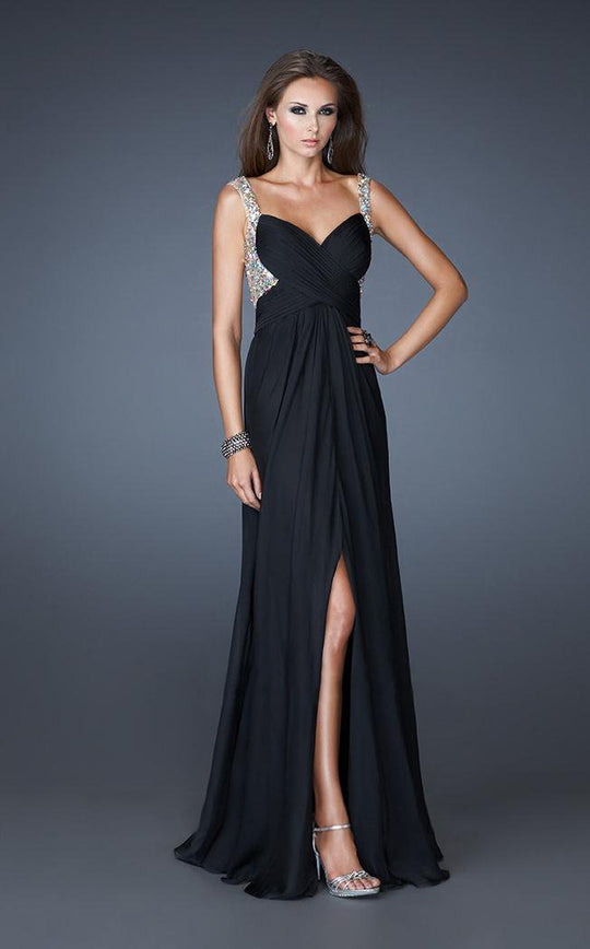 La Femme - 18541 Bejeweled V-neck A-line Dress In Black