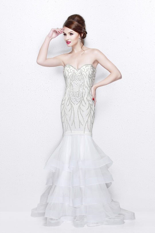 Primavera Couture - Scrumptious Strapless Sweetheart Tiered Mermaid Gown 1854 in White