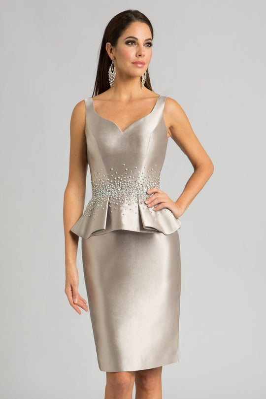 Feriani Couture - 18559 Pearls and Peplum Cocktail Dress In Silver