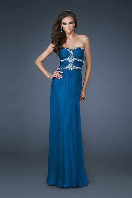 La Femme - 18560 Bedazzled Sweetheart Sheath Dress In Blue